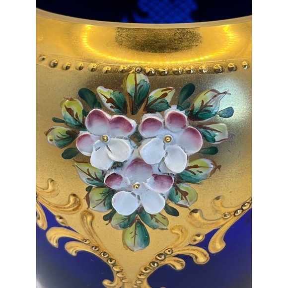 Vintage Moser Bohemian Blue Gold Vase applied Flowers 5" READ - Picture 3 of 6